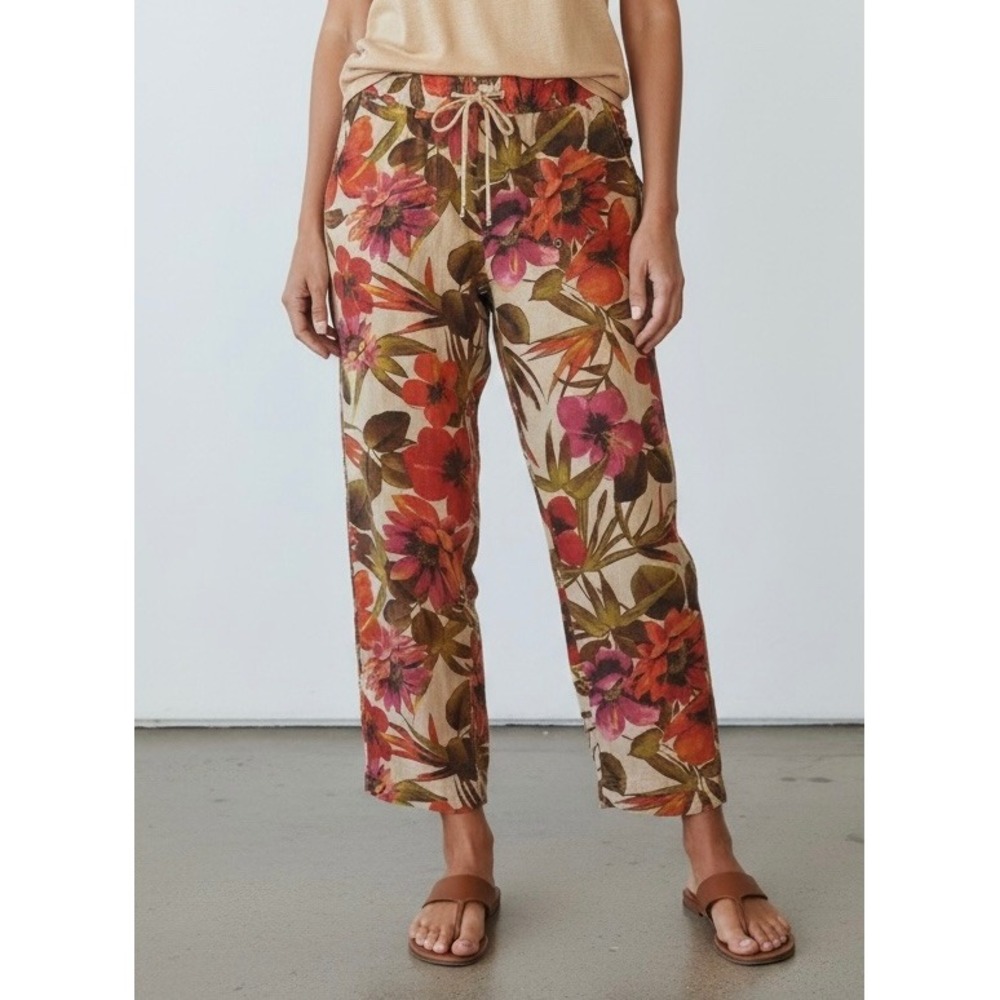 Chicos Tropical Floral Linen Cotton Drawstring Pants Size 1.5 Medium Large